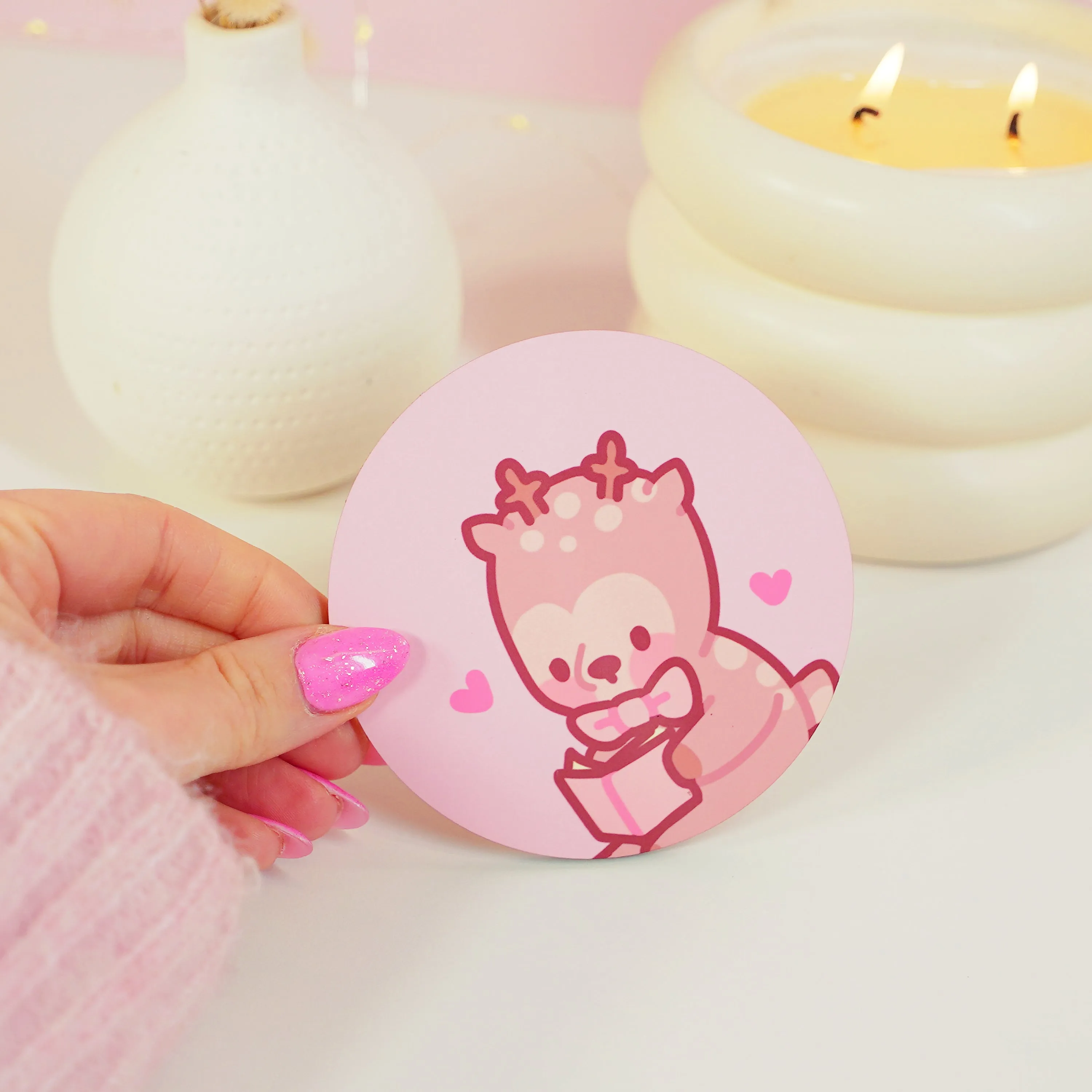 Cinnamon the Chubby Reindeer Reading Coaster | Book-Themed Kawaii Desk Decor | Pink Coquette Christmas Accessory