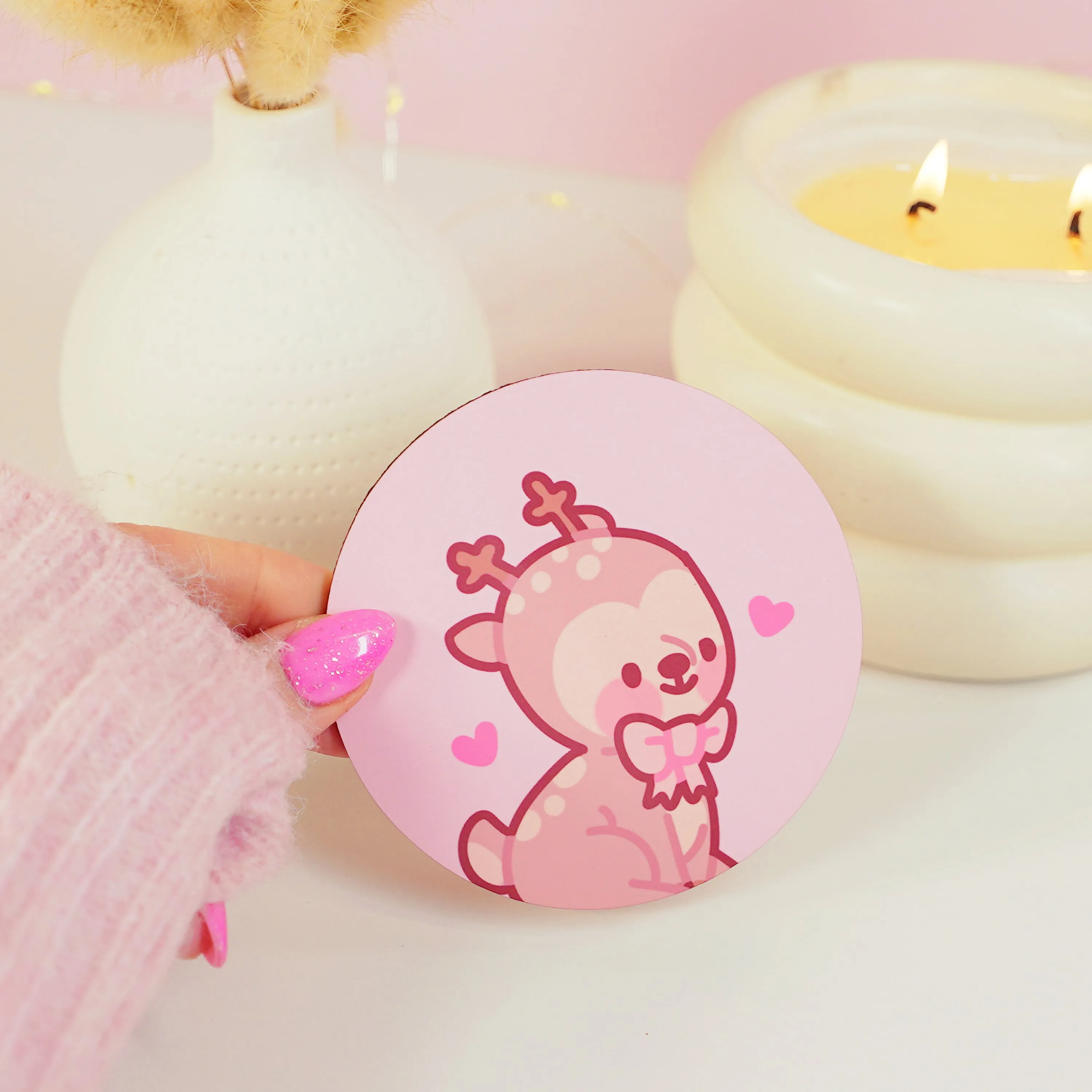 Cinnamon the Chubby Reindeer Sitting Pose Coaster | Kawaii Pink Coquette Desk Decor | Cute Christmas Drinkware Accessory