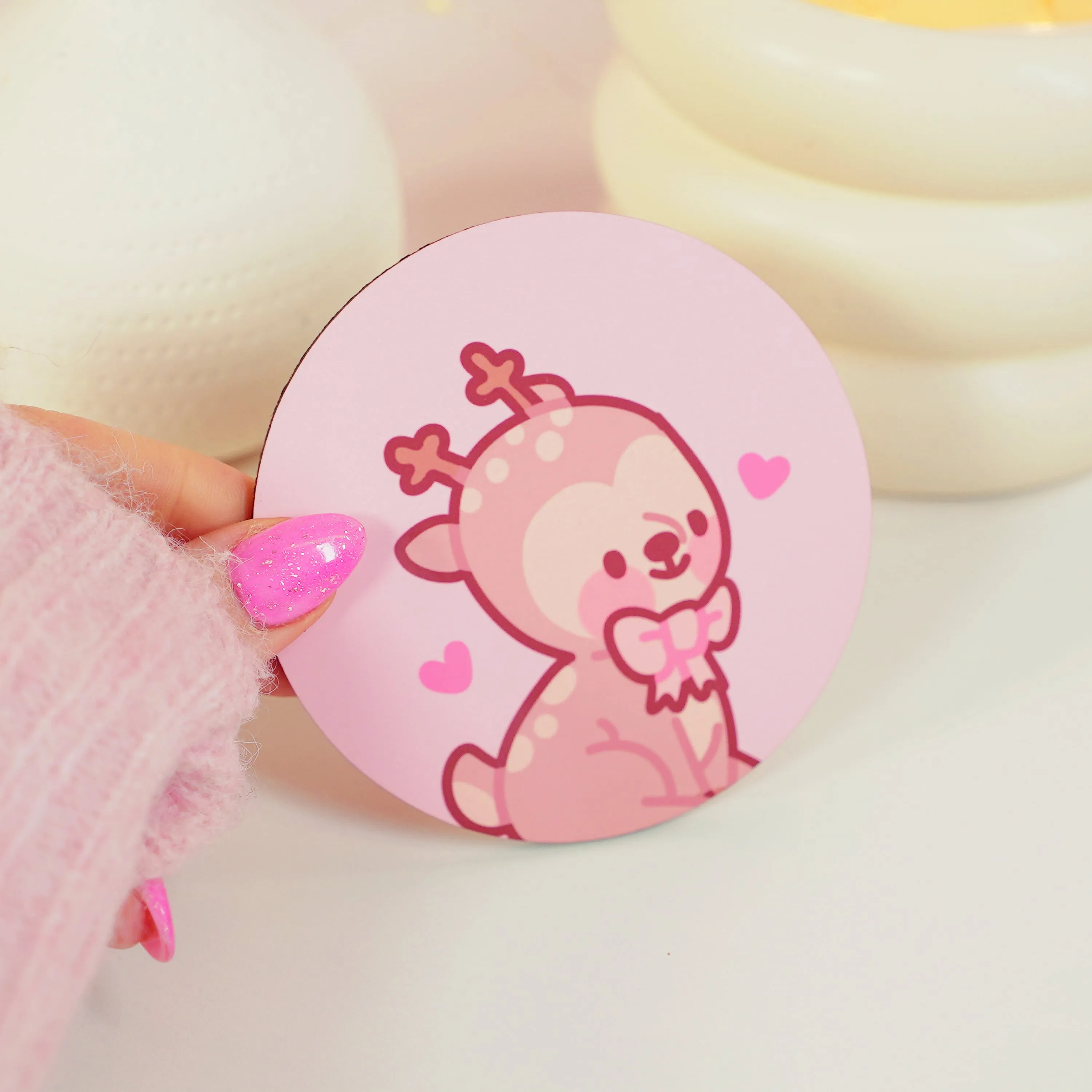 Cinnamon the Chubby Reindeer Sitting Pose Coaster | Kawaii Pink Coquette Desk Decor | Cute Christmas Drinkware Accessory