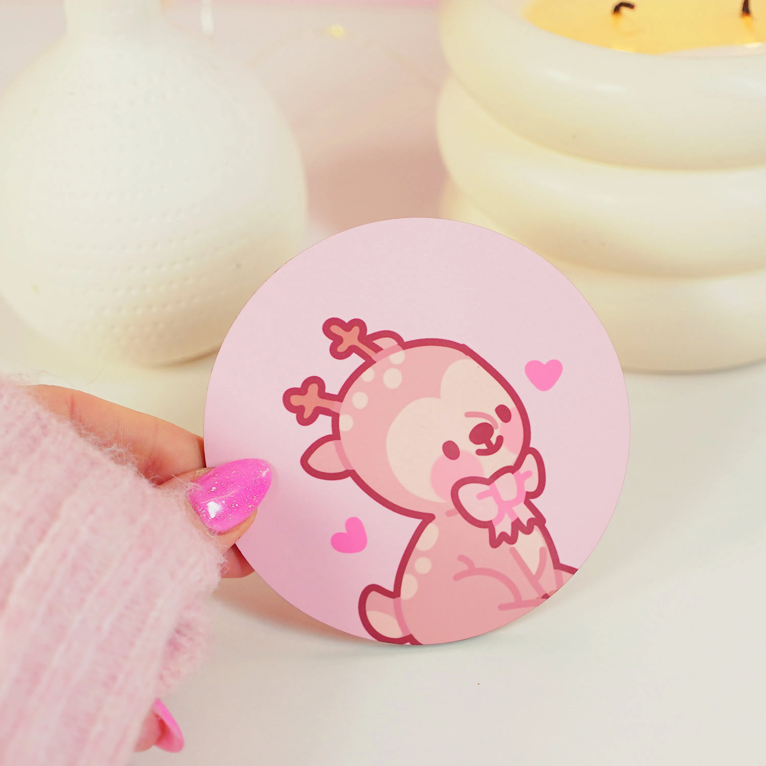 Cinnamon the Chubby Reindeer Sitting Pose Coaster | Kawaii Pink Coquette Desk Decor | Cute Christmas Drinkware Accessory