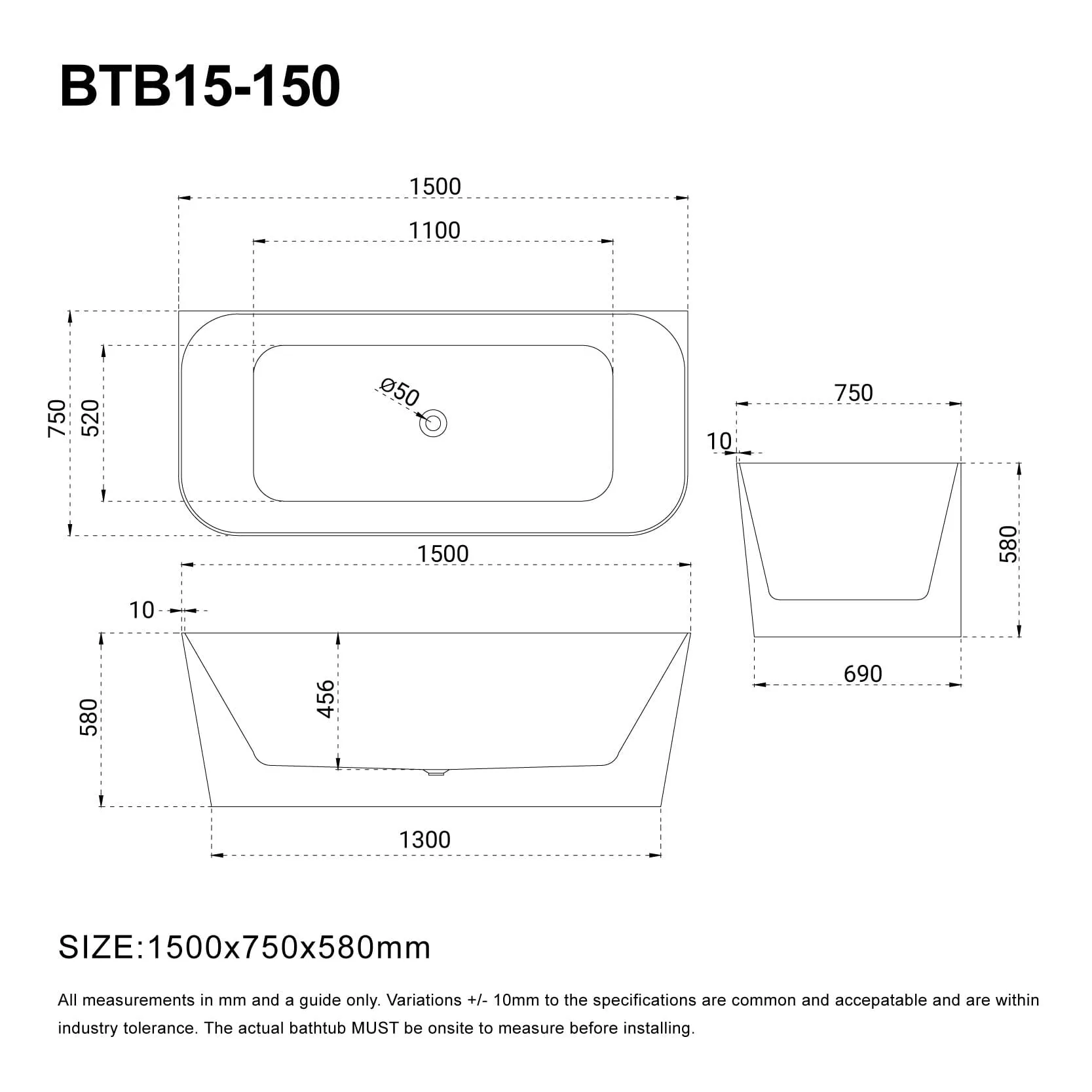 CLIO 1500mm Back to Wall Free Standing Bath Gloss White