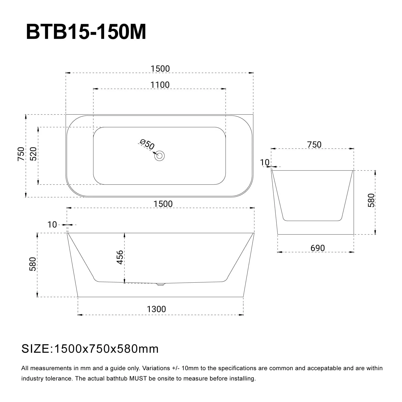 CLIO 1500mm Back to Wall Free Standing Bath Matte White