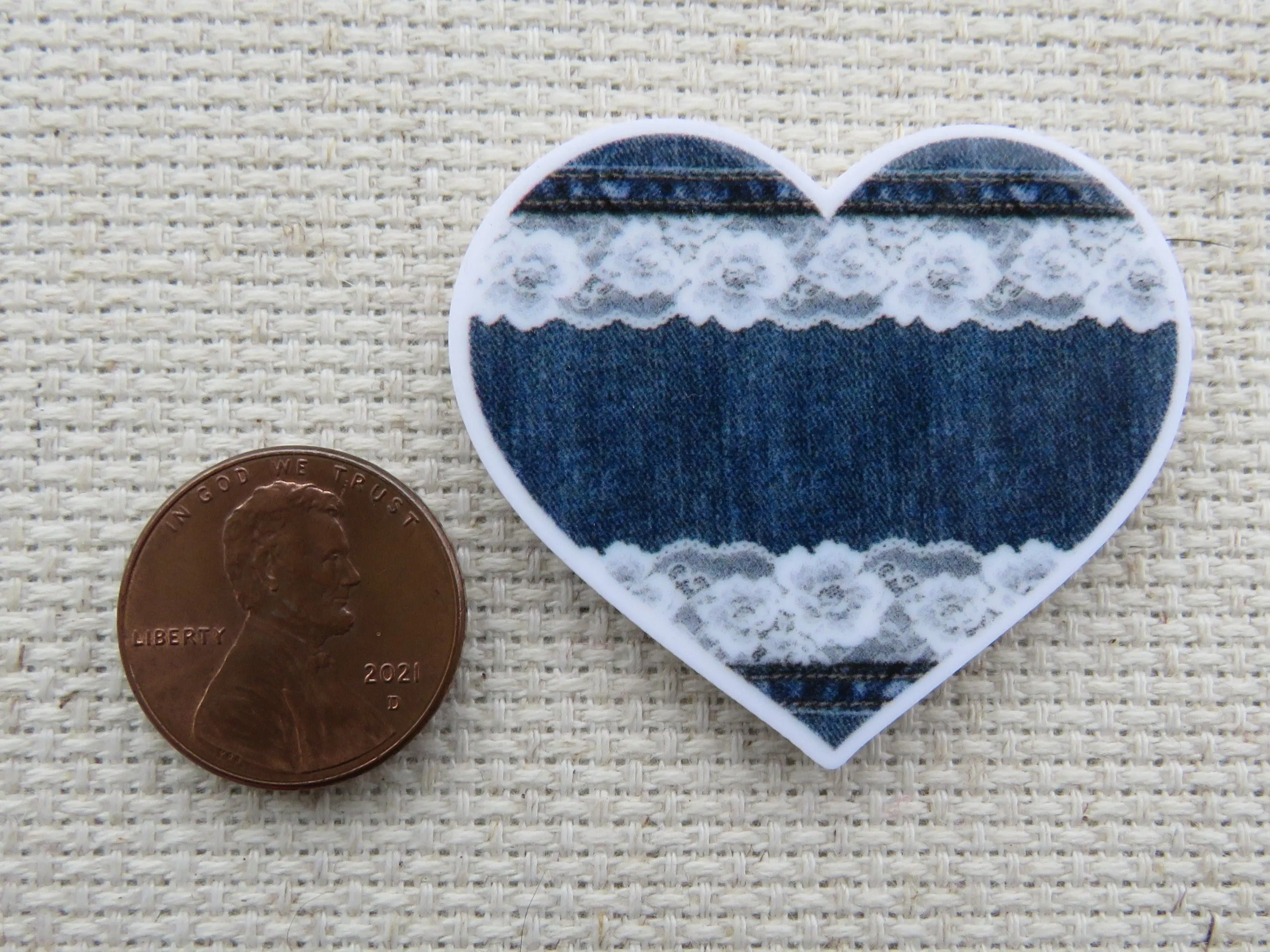Denim and Lace Heart Needle Minder, Cover Minder, Magnet