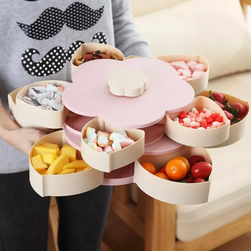 Double Layer Flower-Shaped Rotating Snack Tray C8-2-17 Pink