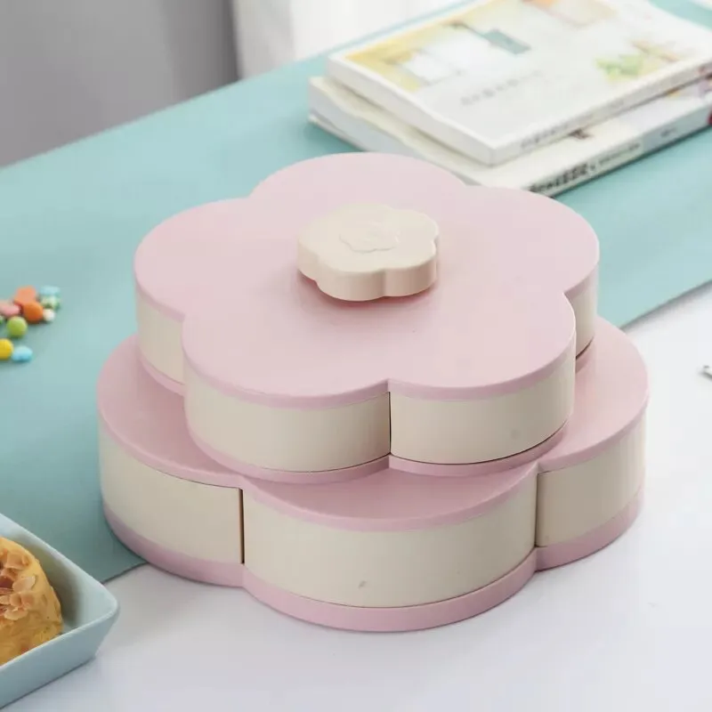 Double Layer Flower-Shaped Rotating Snack Tray C8-2-17 Pink