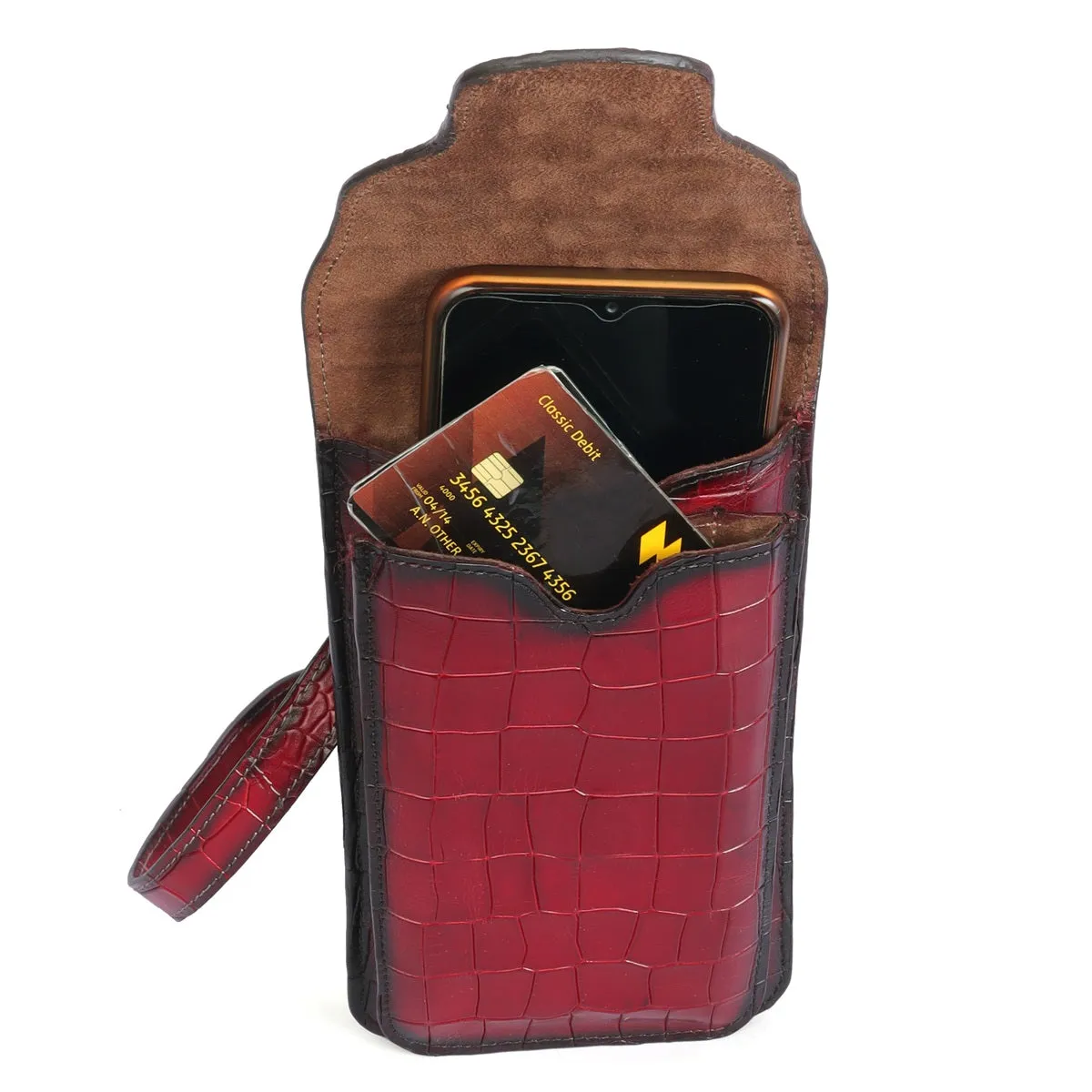 Double Pocket Side Bag Mobile In Wine Deep Cut Leather