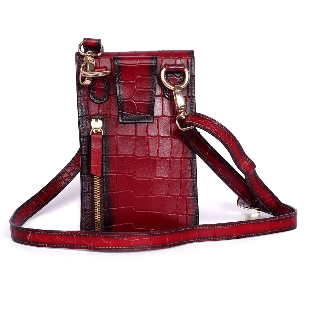 Double Pocket Side Bag Mobile In Wine Deep Cut Leather