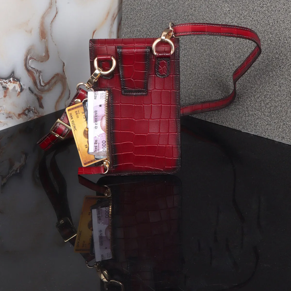 Double Pocket Side Bag Mobile In Wine Deep Cut Leather