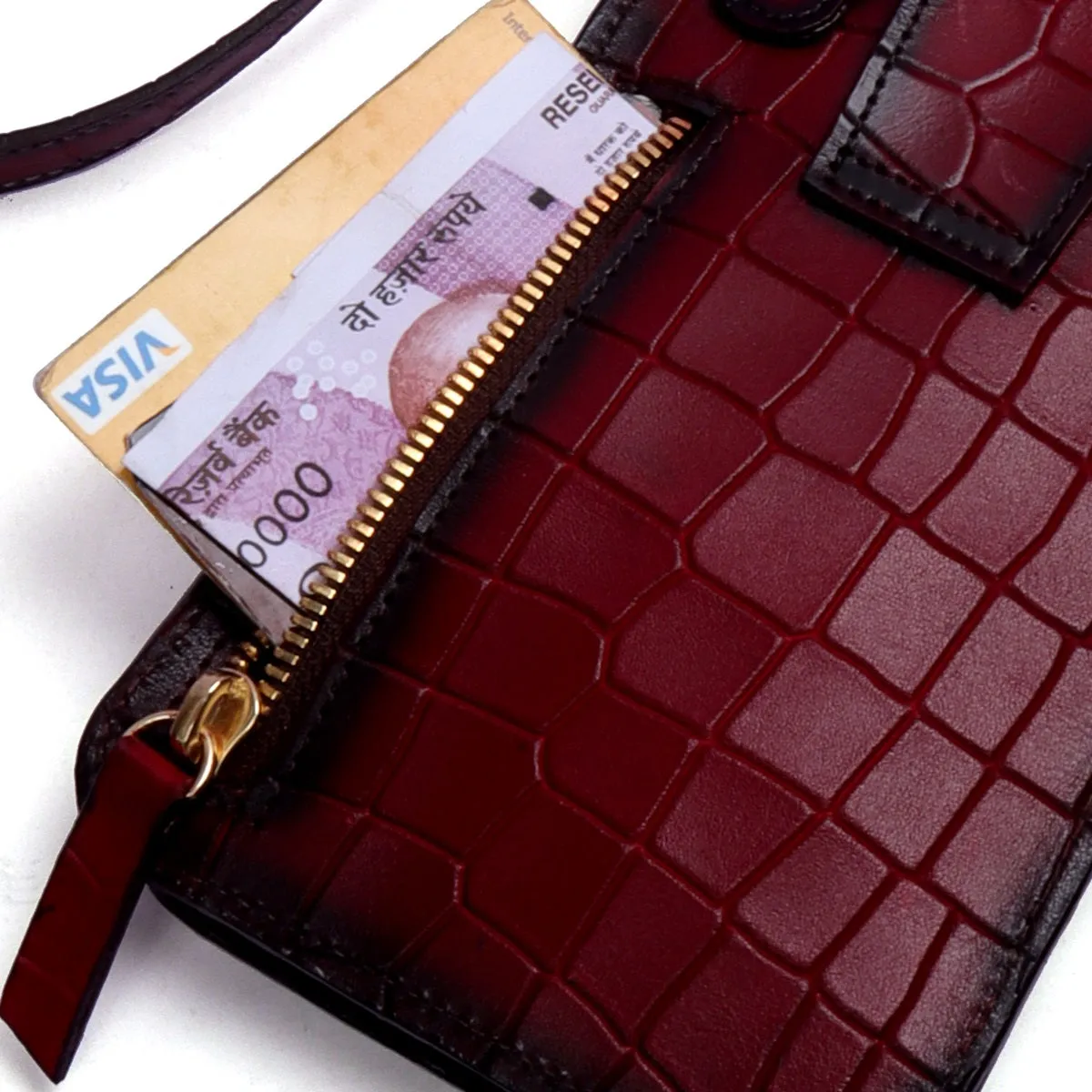 Double Pocket Side Bag Mobile In Wine Deep Cut Leather