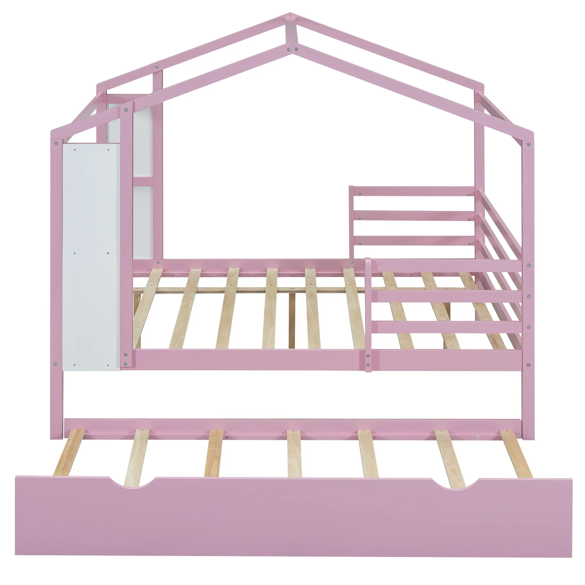 Full Size Wood House Bed with Fence and Writing Board, Pink
