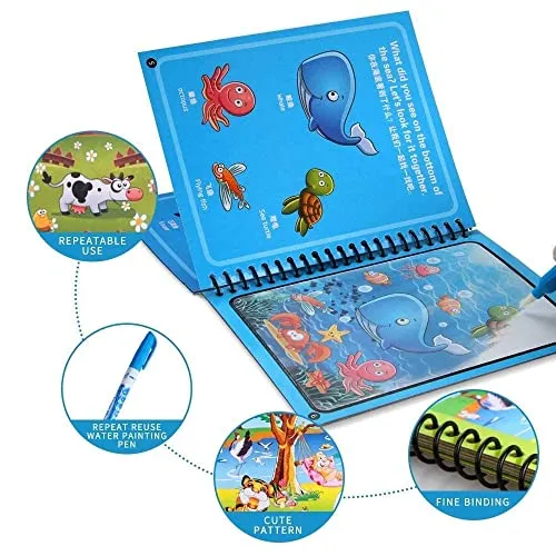 GLUN® Water Magic Book, Magic Doodle Pen, Coloring Doodle Drawing Board Games for Kids, Educational Book for Growing Kids Pack of 1 Book