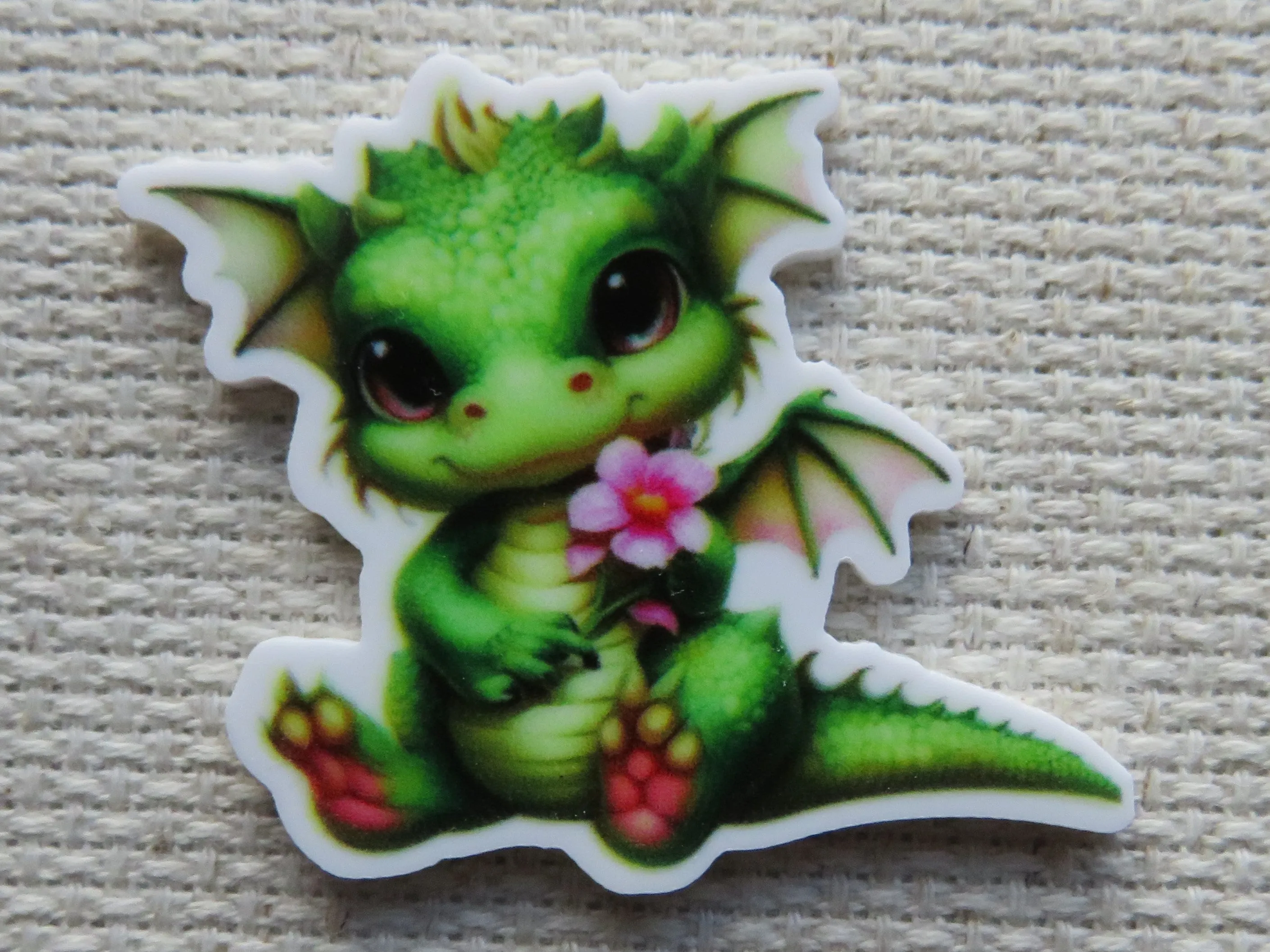 Green Dragon with a Pink Flower Needle Minder, Cover Minder, Magnet