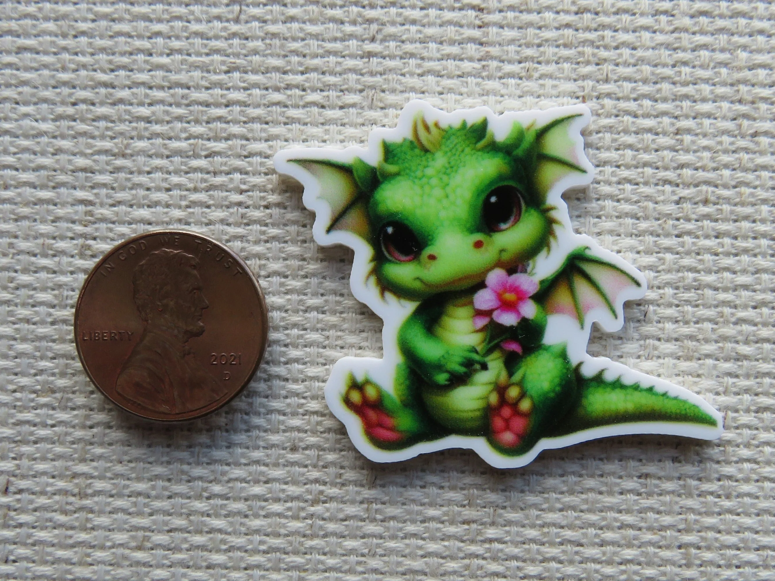 Green Dragon with a Pink Flower Needle Minder, Cover Minder, Magnet