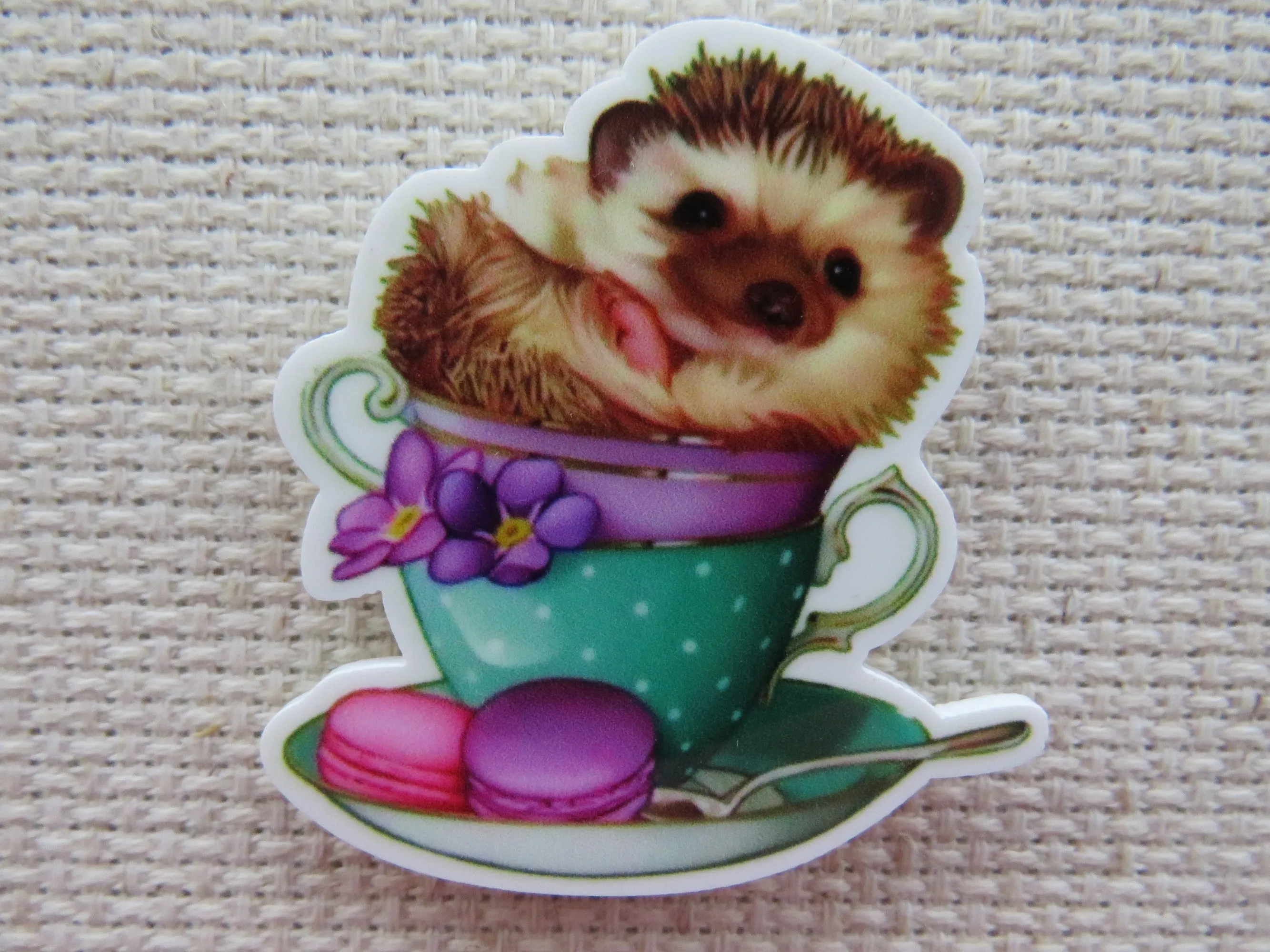 Hedgehog Sitting Atop a Stack of Teacups Needle Minder, Cover Minder, Magnet