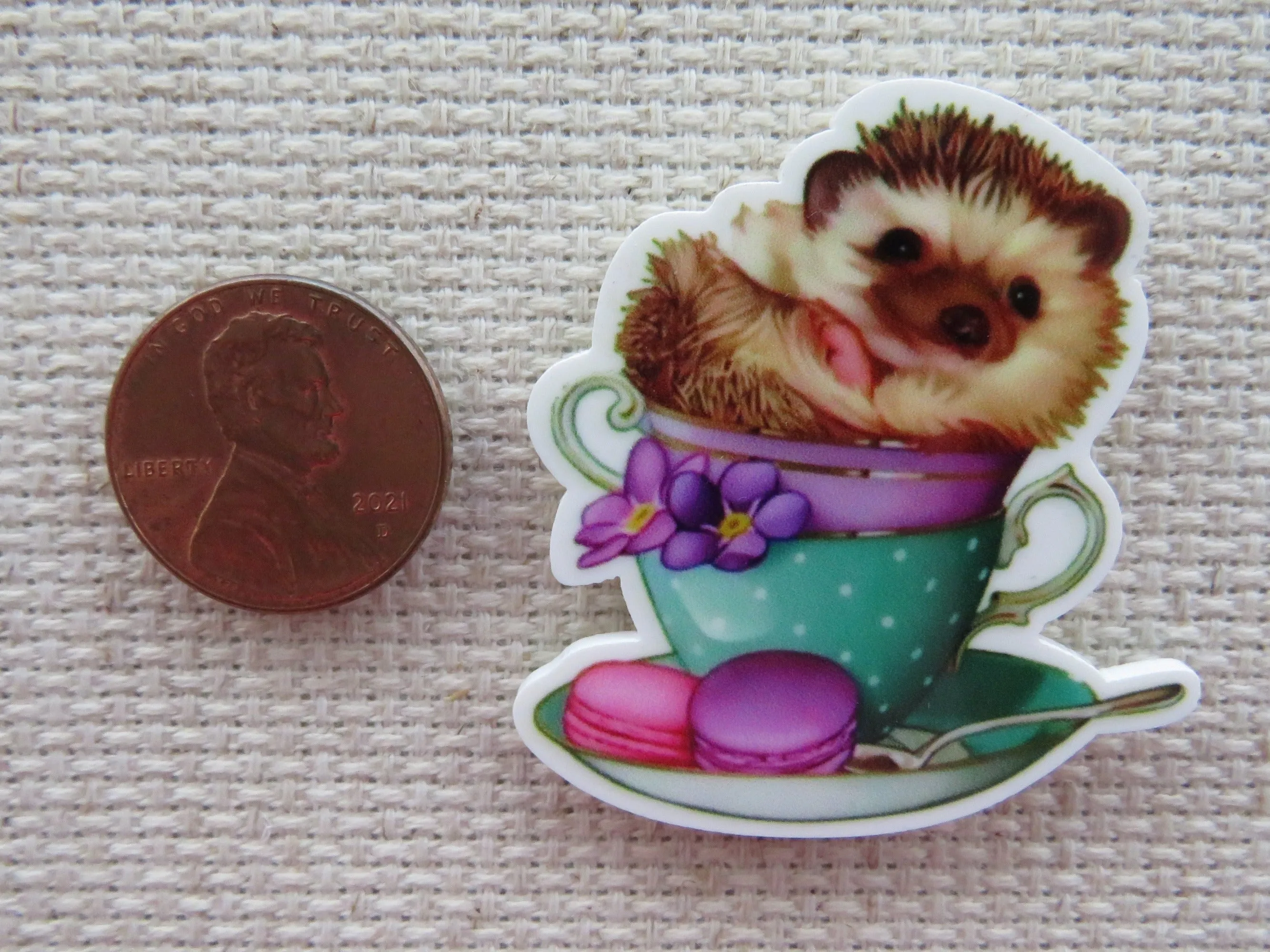 Hedgehog Sitting Atop a Stack of Teacups Needle Minder, Cover Minder, Magnet