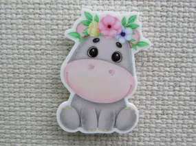 Hippo with a Floral Crown Needle Minder, Cover Minder, Magnet