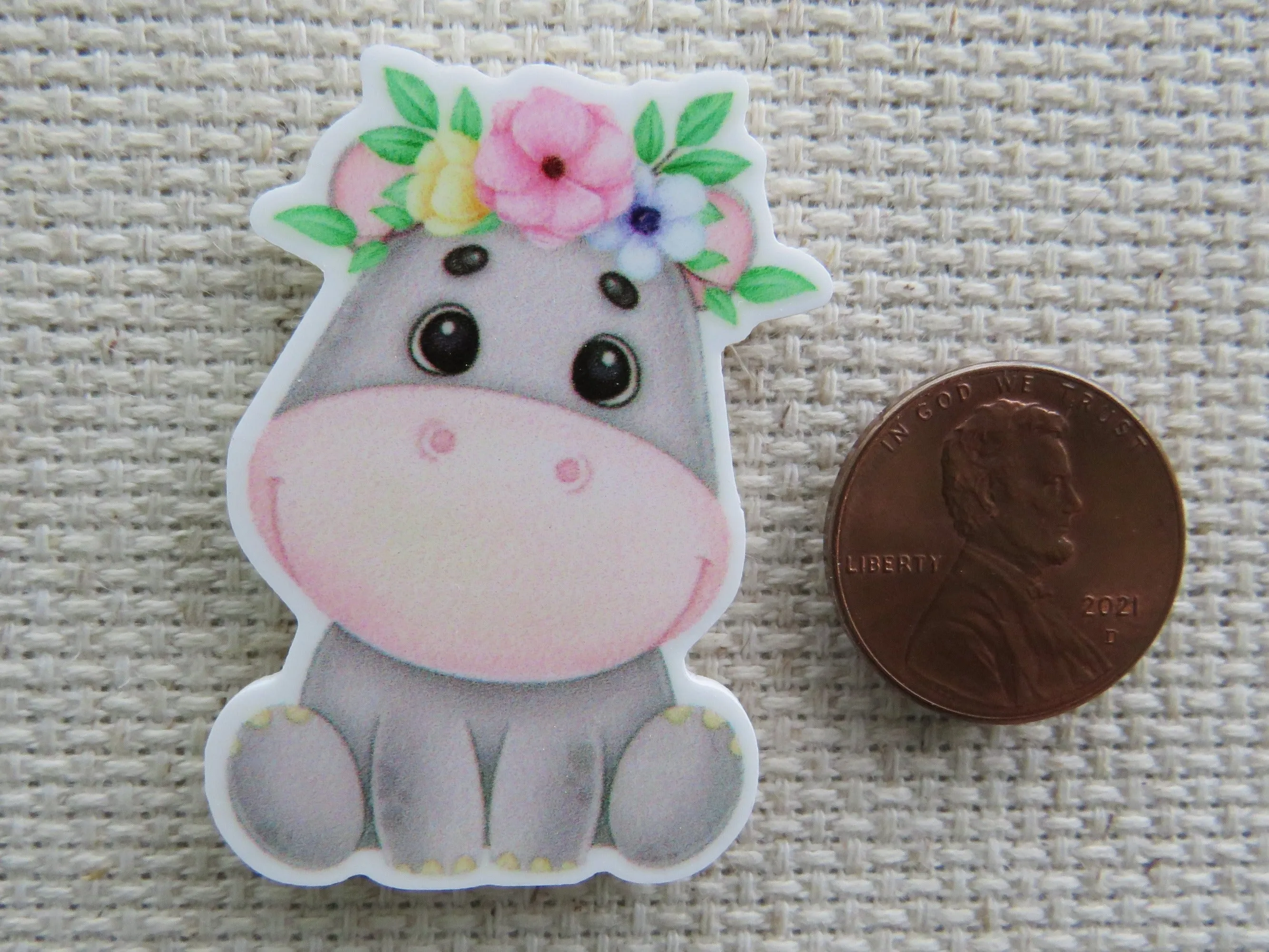 Hippo with a Floral Crown Needle Minder, Cover Minder, Magnet