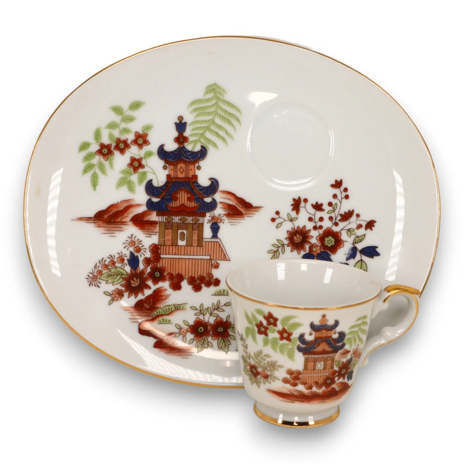 Japanese Oriental Luncheon Snack Plates and Tea Cup Set MCM Gold Rims Vintage