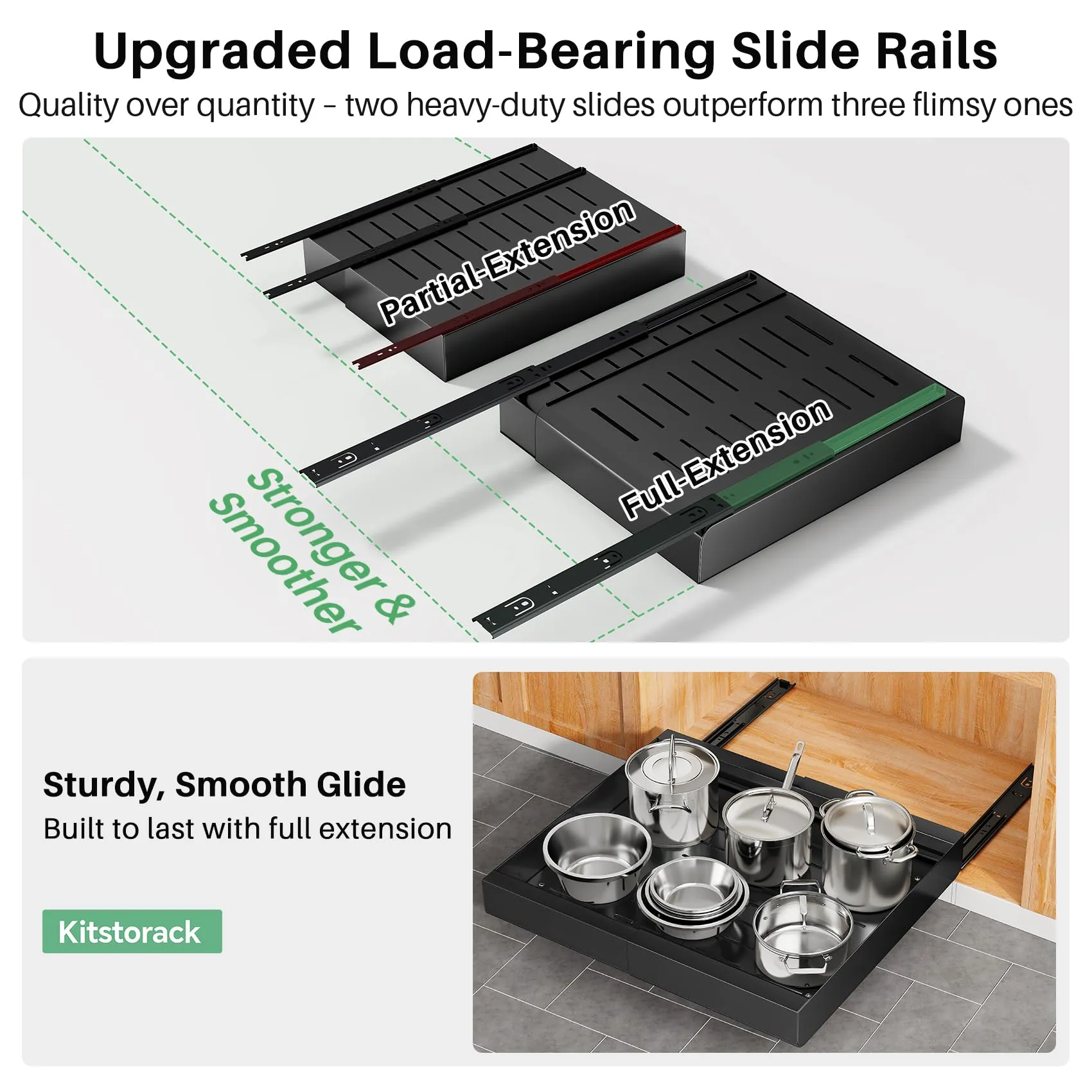 Kitstorack: Expandable Pull-Out Cabinet Organizer - Heavy-Duty & Microplastic-Free Slide-Out Drawer with Adhesive Nano Film