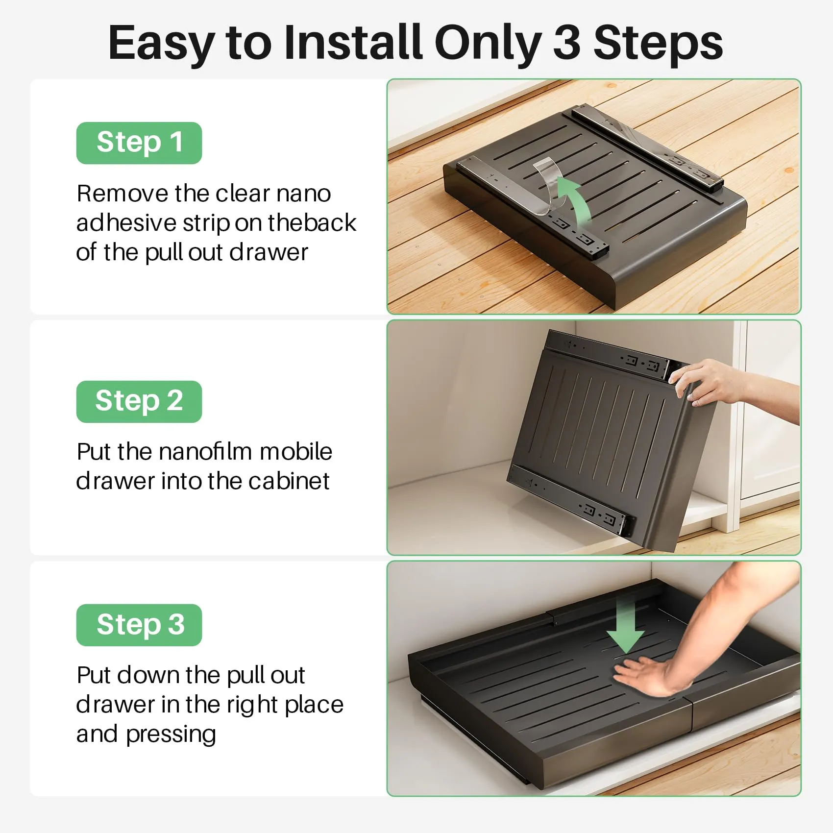Kitstorack: Expandable Pull-Out Cabinet Organizer - Heavy-Duty & Microplastic-Free Slide-Out Drawer with Adhesive Nano Film