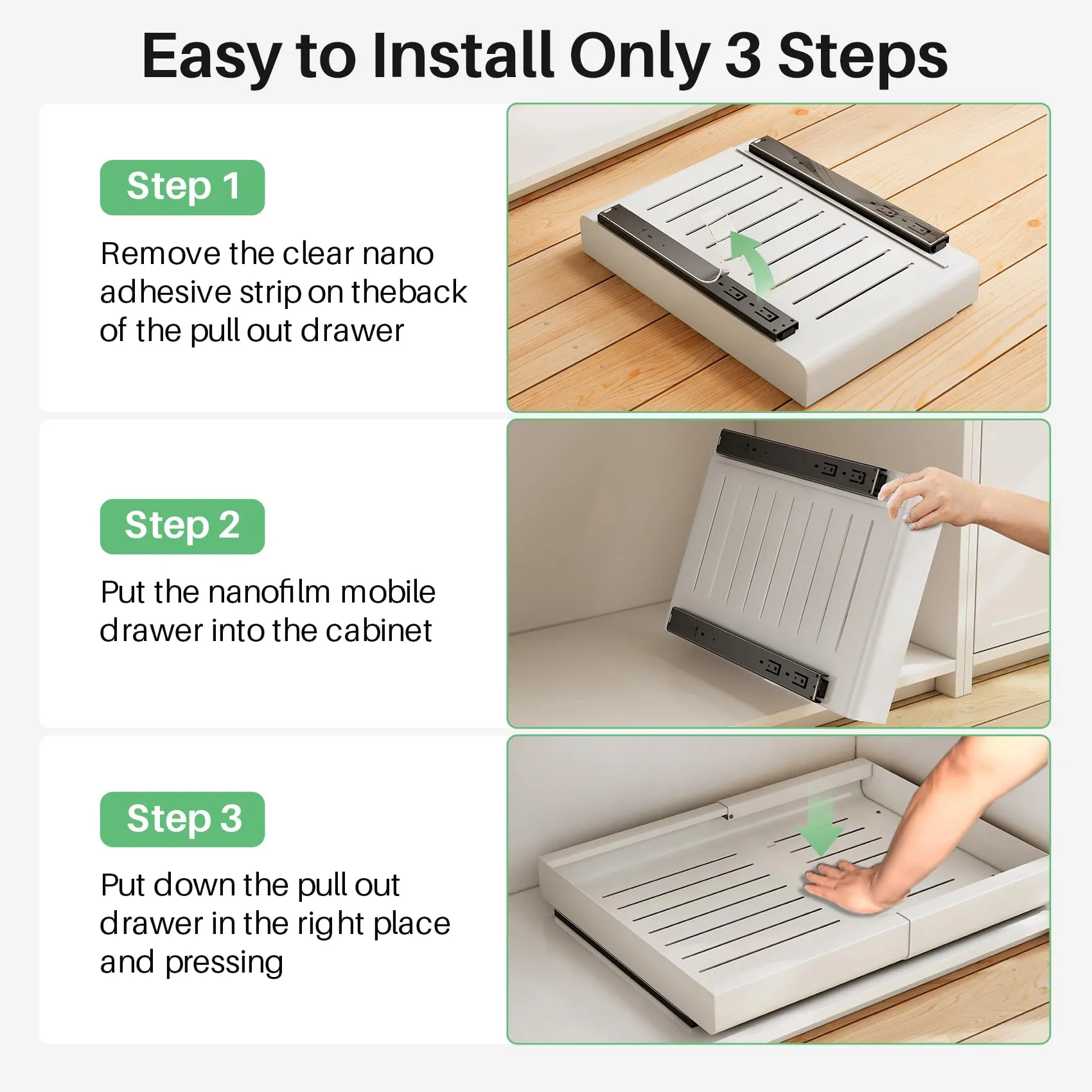 Kitstorack: Expandable Pull-Out Cabinet Organizer - Heavy-Duty & Microplastic-Free Slide-Out Drawer with Adhesive Nano Film