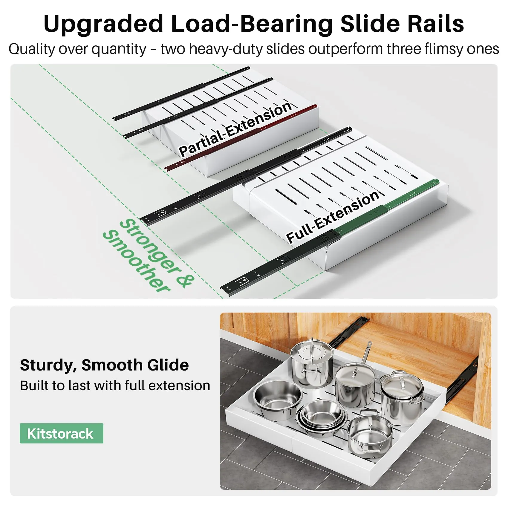 Kitstorack: Expandable Pull-Out Cabinet Organizer - Heavy-Duty & Microplastic-Free Slide-Out Drawer with Adhesive Nano Film