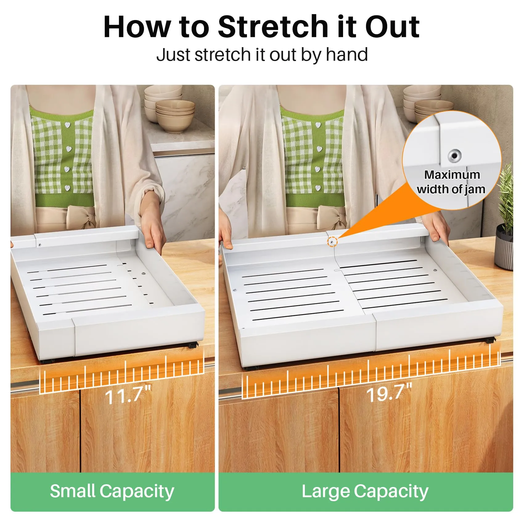 Kitstorack: Expandable Pull-Out Cabinet Organizer - Heavy-Duty & Microplastic-Free Slide-Out Drawer with Adhesive Nano Film