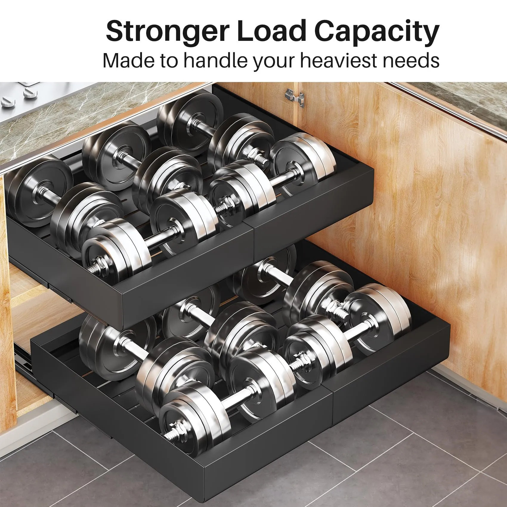 Kitstorack: Expandable Pull-Out Cabinet Organizer - Heavy-Duty & Microplastic-Free Slide-Out Drawer with Adhesive Nano Film