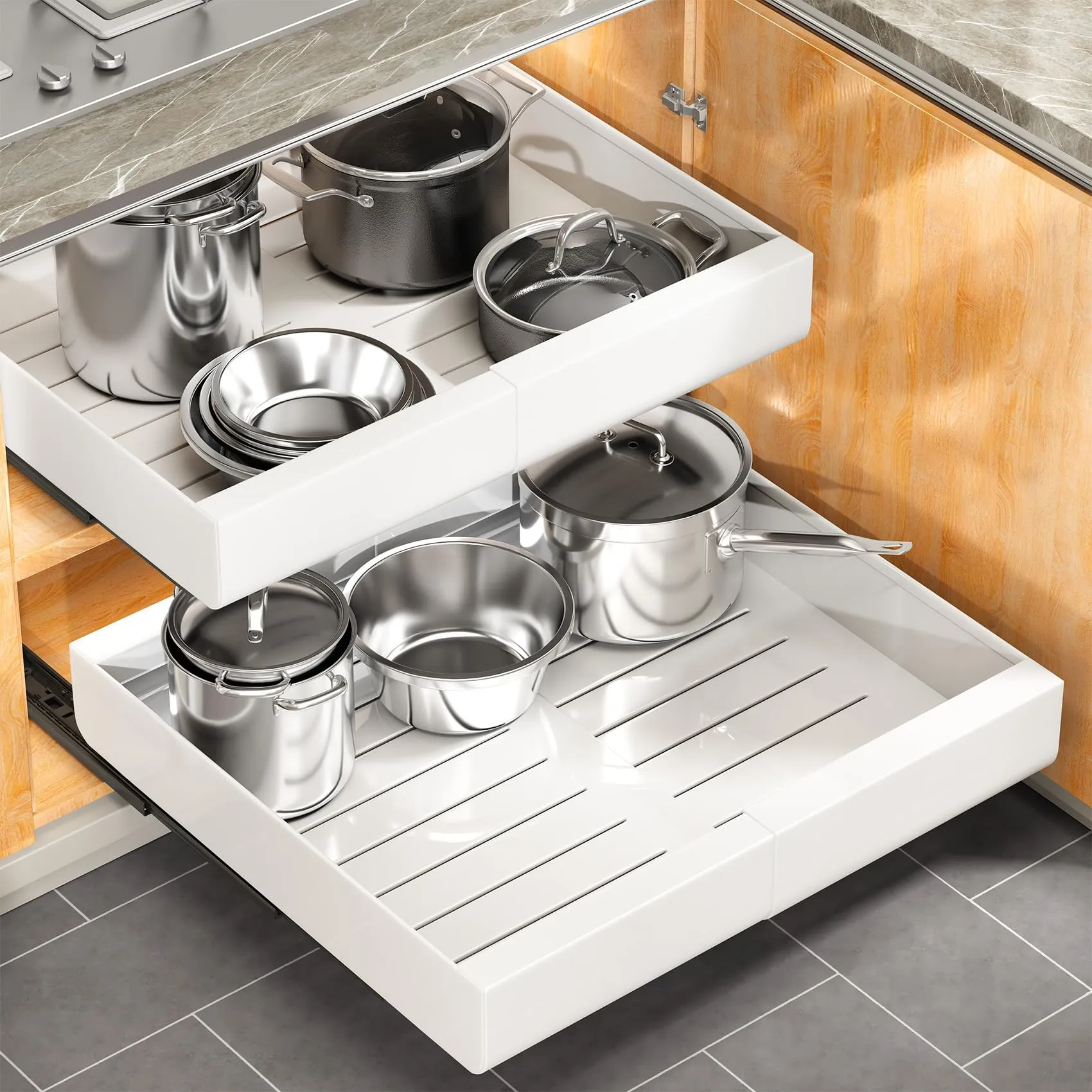Kitstorack: Expandable Pull-Out Cabinet Organizer - Heavy-Duty & Microplastic-Free Slide-Out Drawer with Adhesive Nano Film