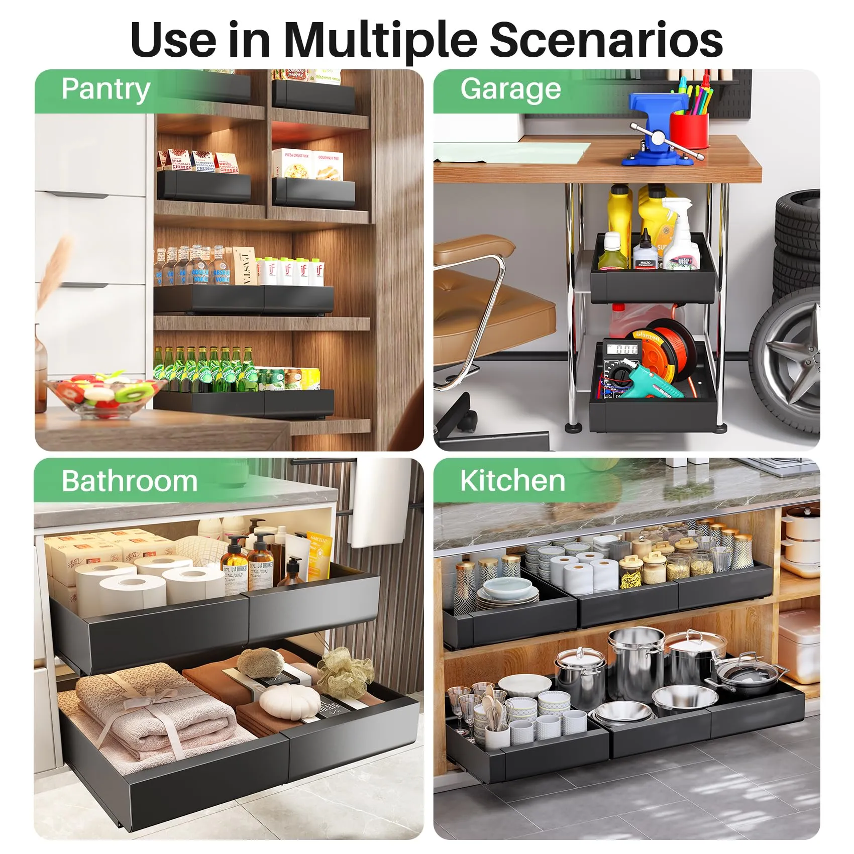 Kitstorack: Expandable Pull-Out Cabinet Organizer - Heavy-Duty & Microplastic-Free Slide-Out Drawer with Adhesive Nano Film