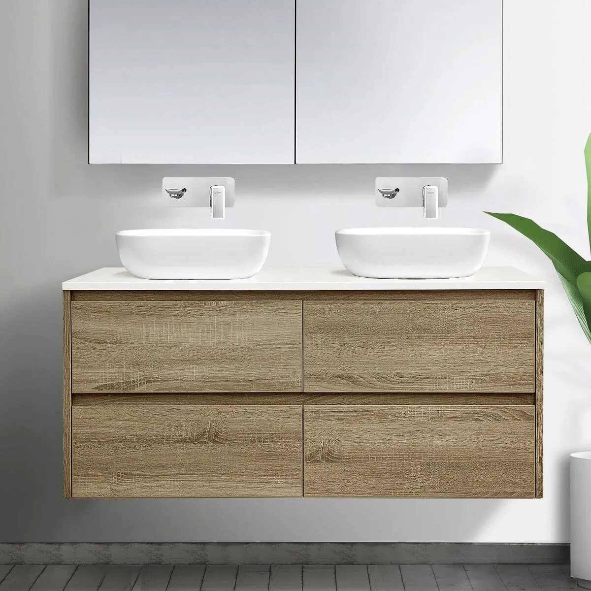 KRIS 1200mm Oak Timber Wall Hung Double Vanity   Bliss Stone Top