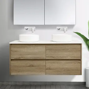 KRIS 1200mm Oak Timber Wall Hung Double Vanity   Bliss Stone Top