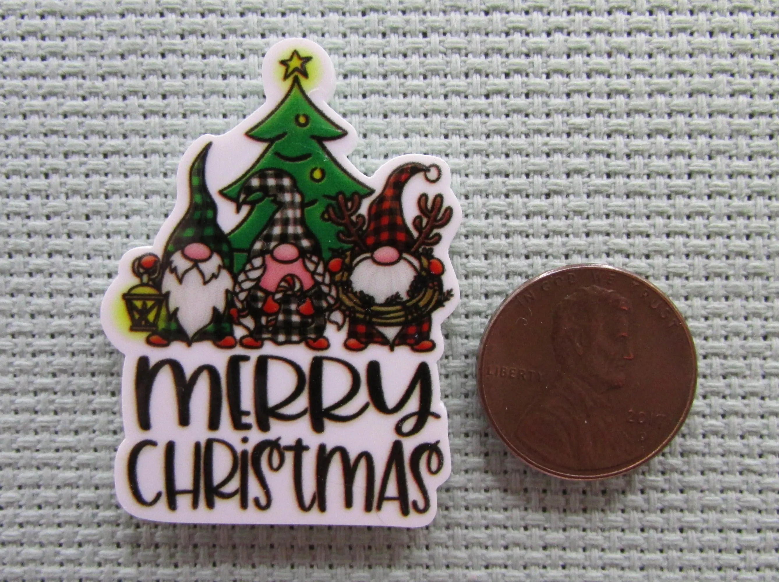 Merry Christmas Gnome Trio in Front of a Christmas Tree Needle Minder, Cover Minder, Magnet