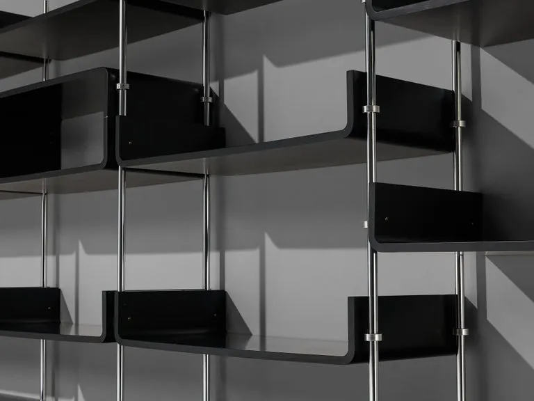 Michel Ducaroy Modular Wall Unit in Black Lacquered Wood and Steel