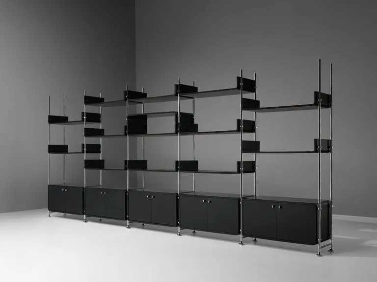 Michel Ducaroy Modular Wall Unit in Black Lacquered Wood and Steel