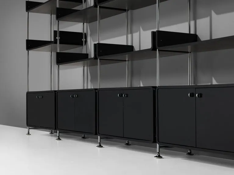 Michel Ducaroy Modular Wall Unit in Black Lacquered Wood and Steel