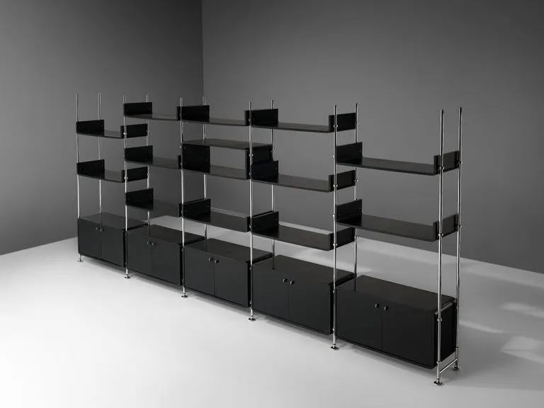 Michel Ducaroy Modular Wall Unit in Black Lacquered Wood and Steel