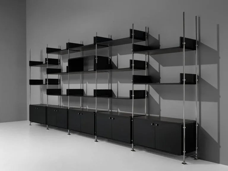 Michel Ducaroy Modular Wall Unit in Black Lacquered Wood and Steel