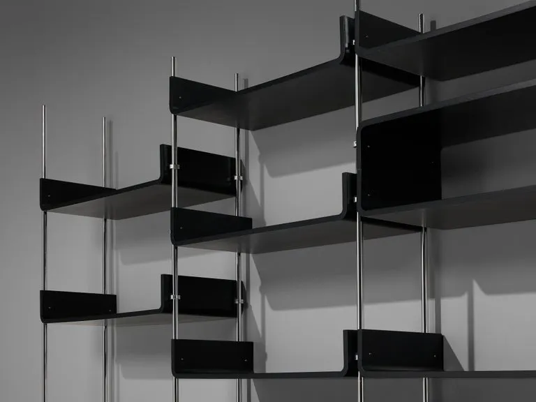 Michel Ducaroy Modular Wall Unit in Black Lacquered Wood and Steel