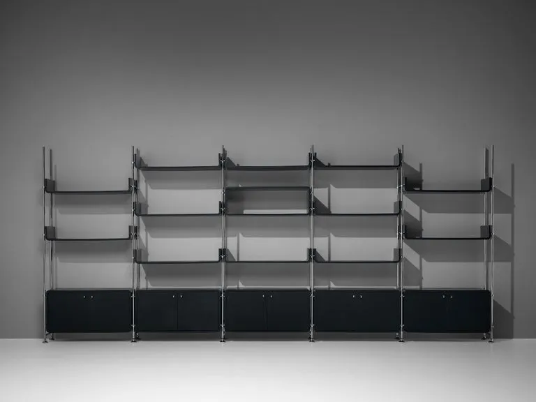 Michel Ducaroy Modular Wall Unit in Black Lacquered Wood and Steel