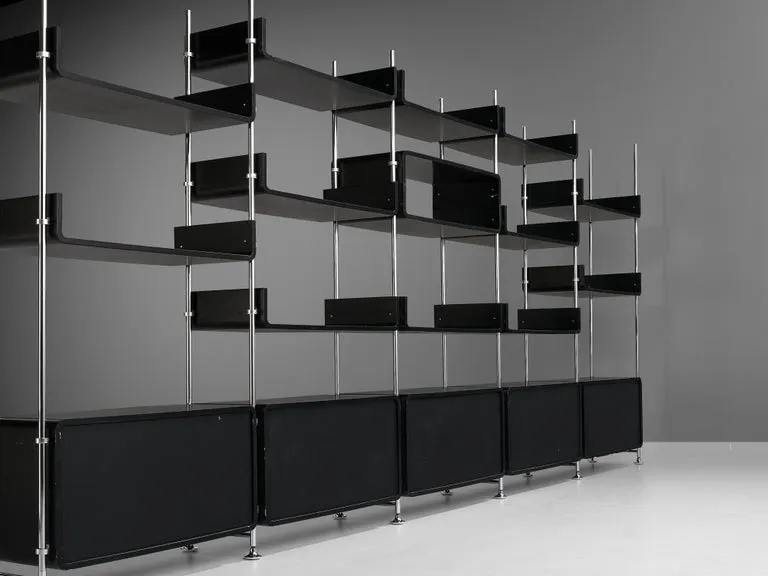 Michel Ducaroy Modular Wall Unit in Black Lacquered Wood and Steel