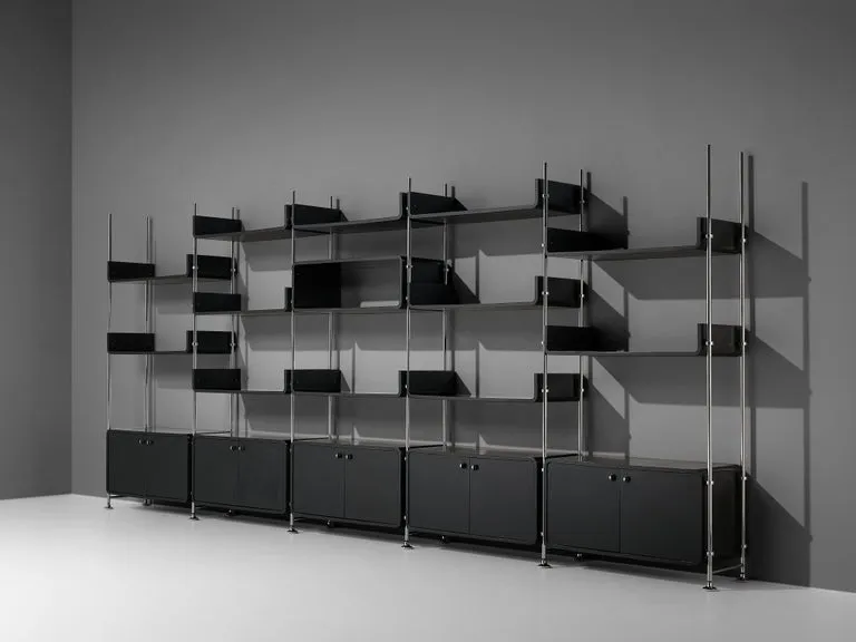 Michel Ducaroy Modular Wall Unit in Black Lacquered Wood and Steel