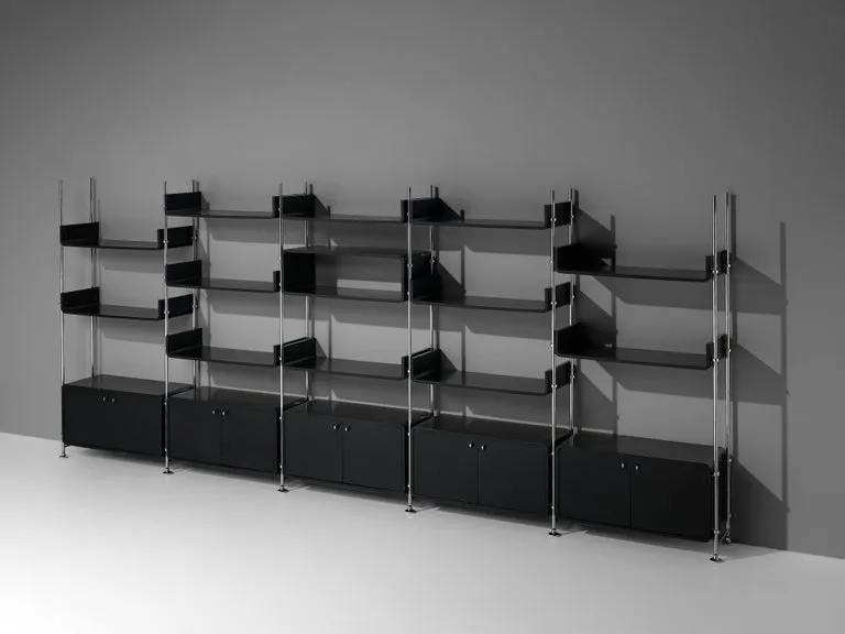 Michel Ducaroy Modular Wall Unit in Black Lacquered Wood and Steel