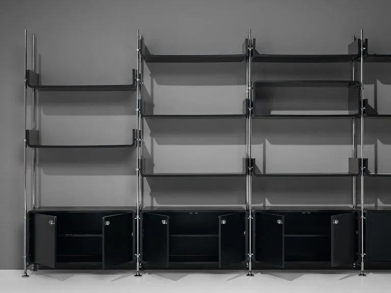 Michel Ducaroy Modular Wall Unit in Black Lacquered Wood and Steel