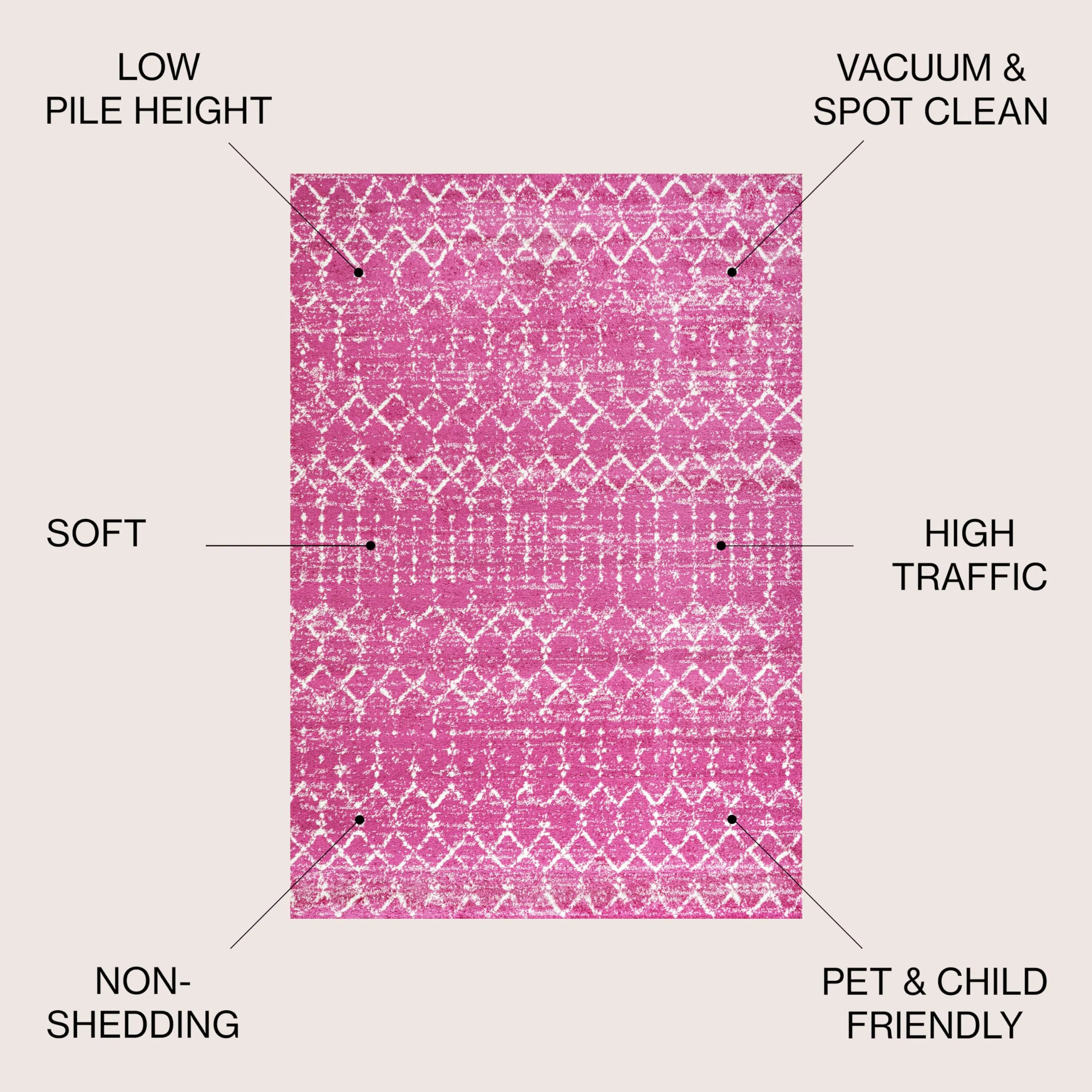 Moroccan Boho Vintage Diamond Area Rug 4x6 Fuchsia Ivory Easy Cleaning Shedding