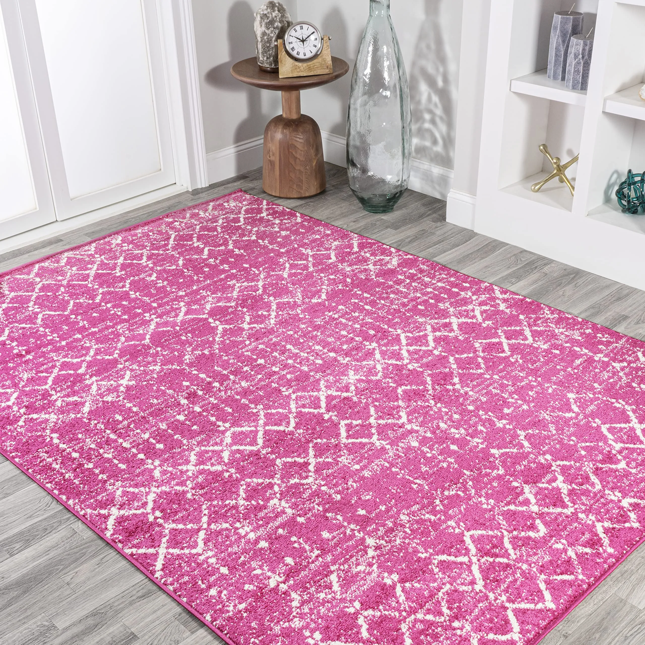Moroccan Boho Vintage Diamond Area Rug 4x6 Fuchsia Ivory Easy Cleaning Shedding