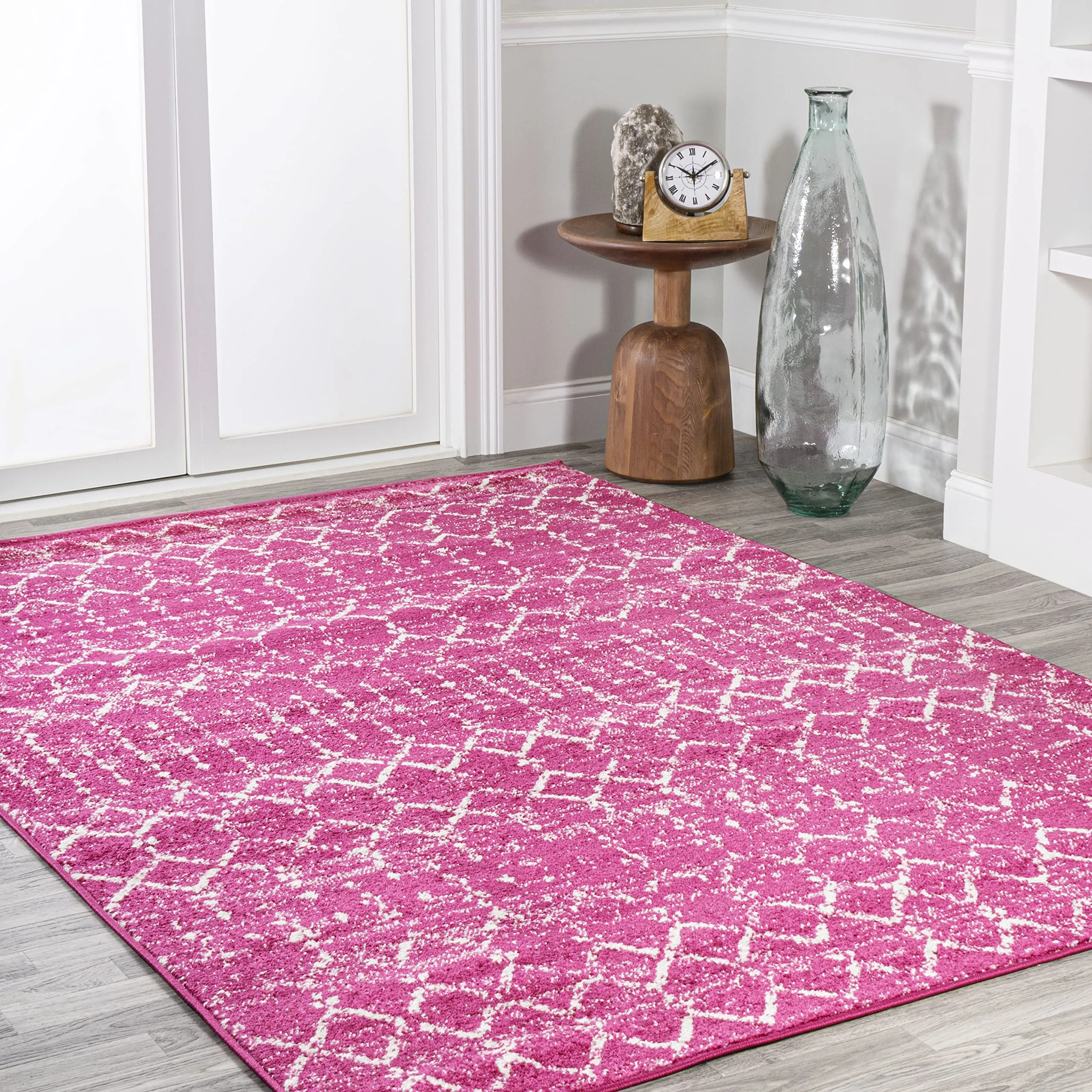 Moroccan Boho Vintage Diamond Area Rug 4x6 Fuchsia Ivory Easy Cleaning Shedding