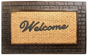 OnlyMat Elegant "Welcome" Printed Natural Coir Door Mat with Large Brown Brick Designed Moulded Rubber Border