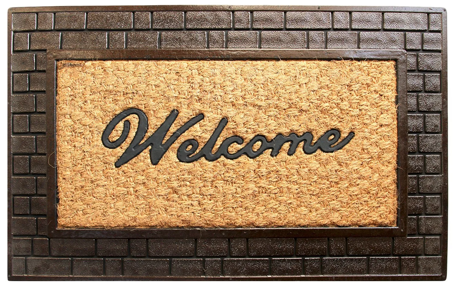 OnlyMat Elegant "Welcome" Printed Natural Coir Door Mat with Large Brown Brick Designed Moulded Rubber Border