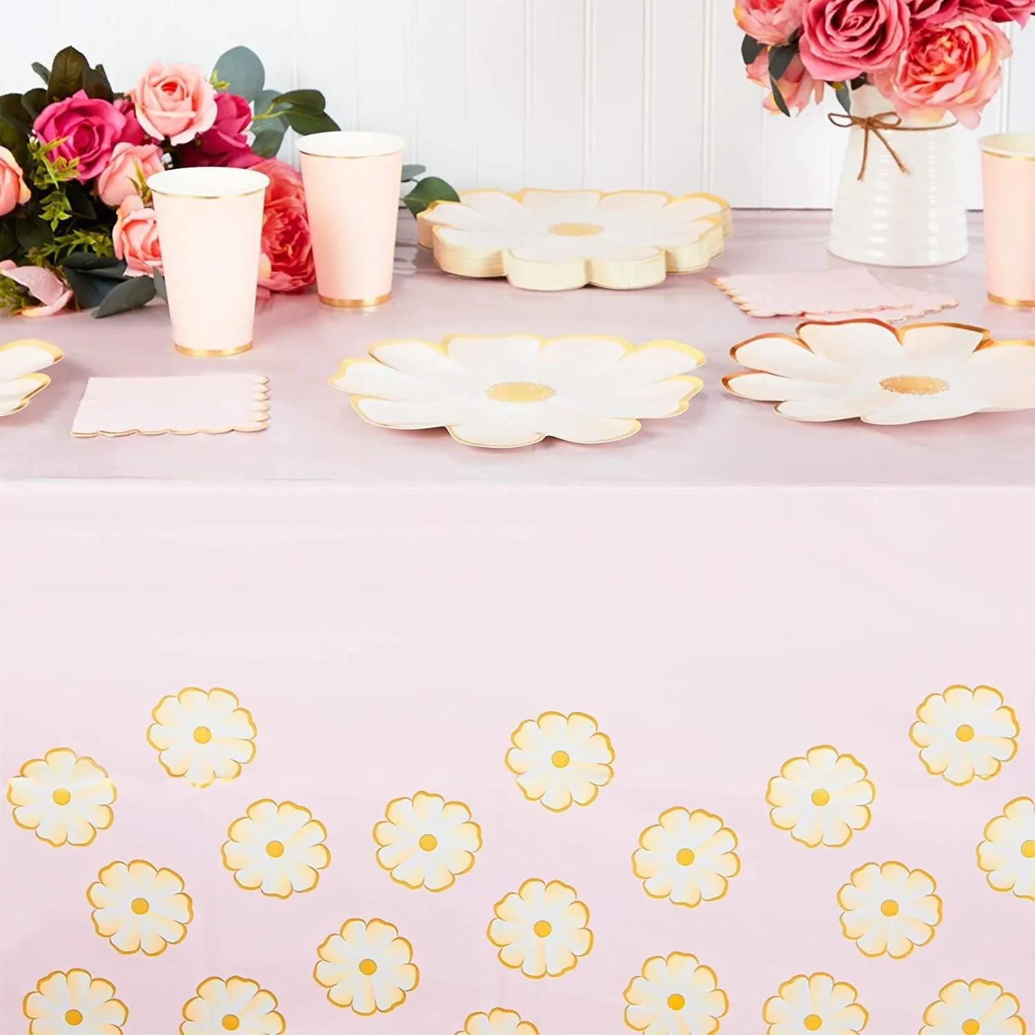 Pink Daisy Plastic Tablecloth for Weddings, Baby Showers (54 x 108 in, 3 Pack)